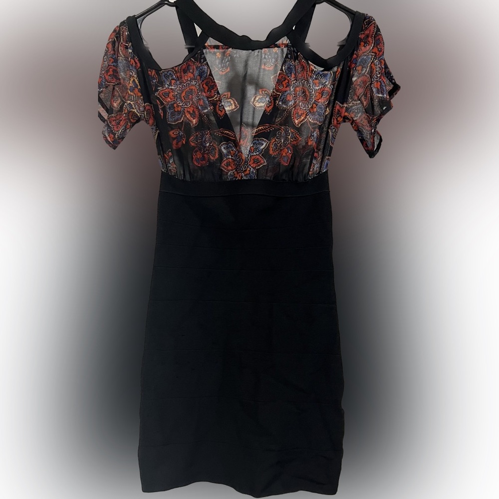 Bebe Black Dress with Floral Sheer on top